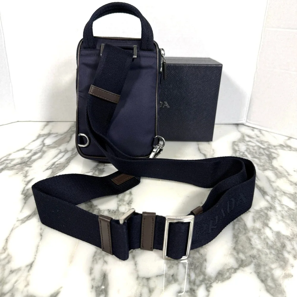 Prada Re-Nylon Leather Smartphone Case Shoulder Bag 2ZH194 Blu Caffe Navy Brown
